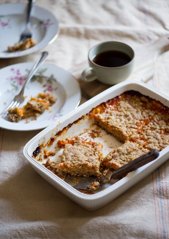 Fresh Apricot Bars in a ceramic baking dish