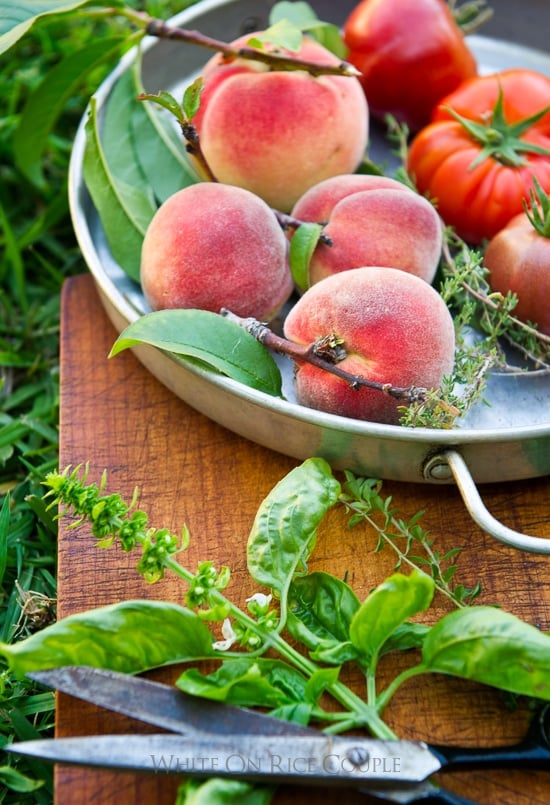 Heirloom tomato and garden peaches 