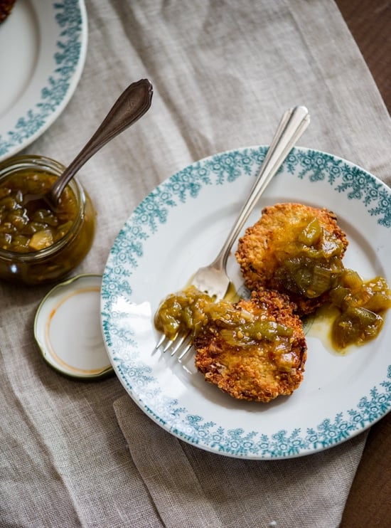 Crispy Quinoa Fritters with Green Tomato Chutney on a plate