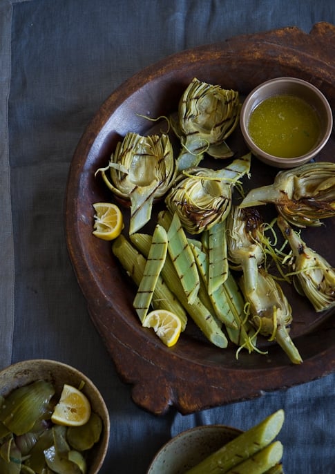 Grilled Artichoke Hearts and Stems with Lemon Butter | White On Rice