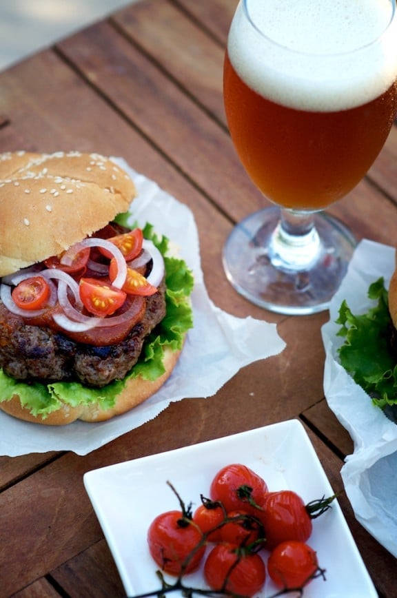 Ultimate Umami Hamburger Recipe or Asian Burger on a table with beer
