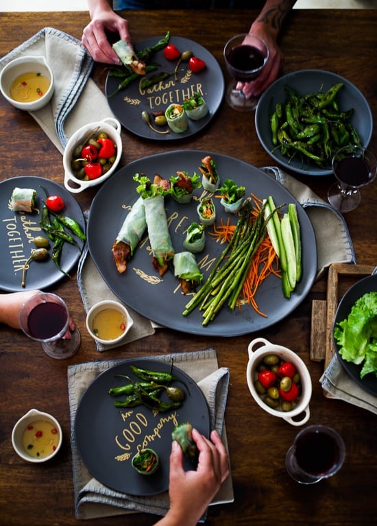 Roasted Asparagus Bacon Spring Rolls on a plate