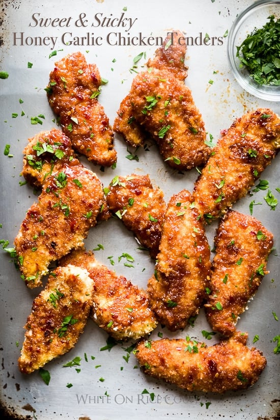 Honey Garlic Chicken Tenders on a baking sheet