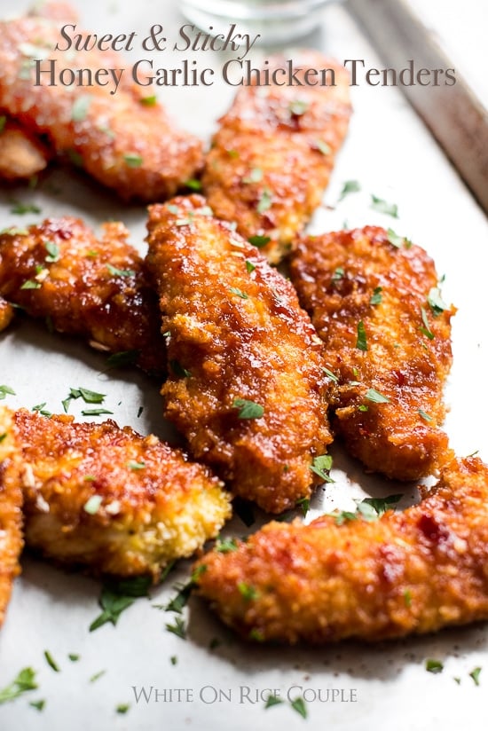 Honey Garlic Chicken Tenders on a baking sheet close up