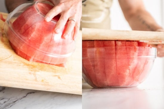 flipping cutting board with the watermelon stick in the glass bowl