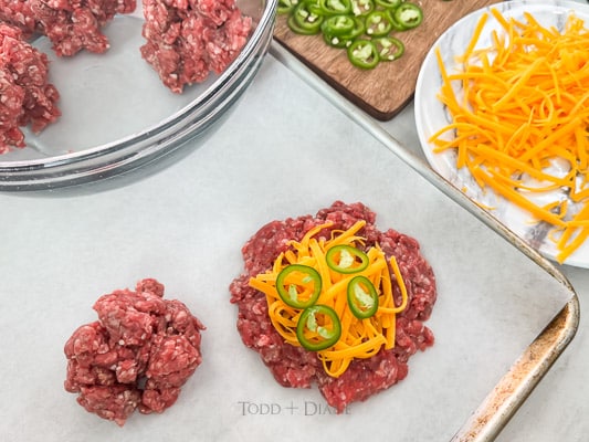Cheese and jalapenos in middle of patty