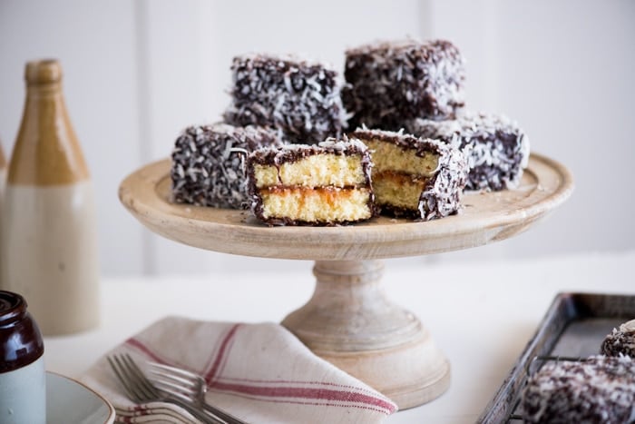 Australian Lamingtons stacked on a cake stand