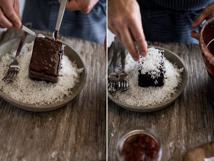 Australian Lamingtons Cake- sponge cake filled with jam, coated in chocolate & coconut from White On Rice Couple