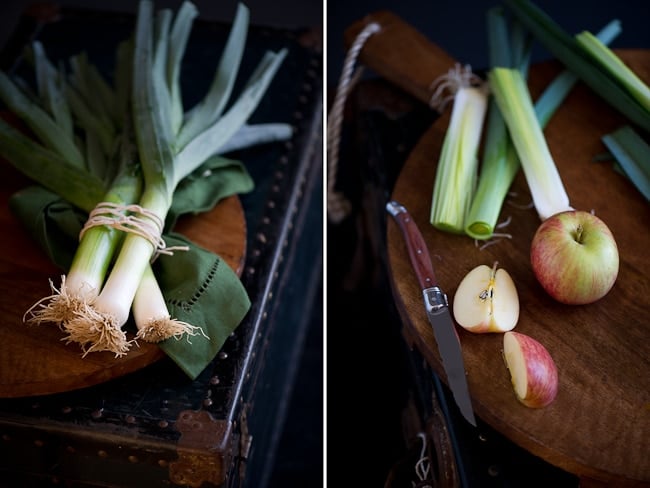 broiled leeks recipe ingredients on board  