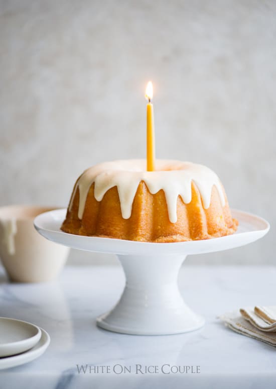 Lemon Bundt Cake Recipe on a cake stand