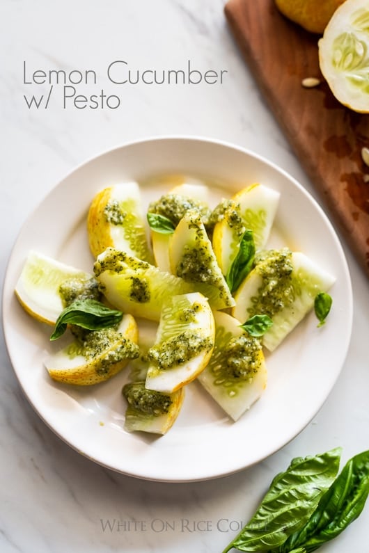 Lemon Cucumber Recipe with Pesto on a plate