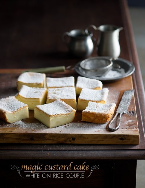 Magic Custard Cake on a cutting board