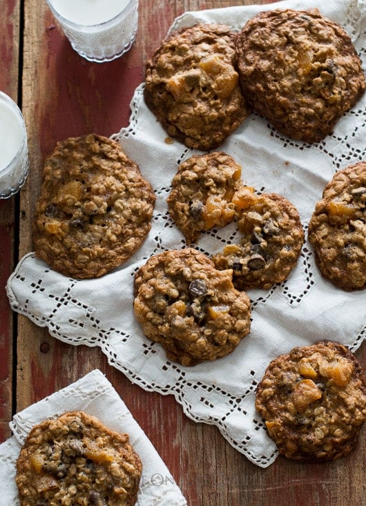 Chocolate Chip Oatmeal Cookies with Dried Apricots on a table