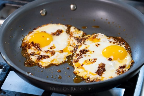 chili oil fried egg in pan 