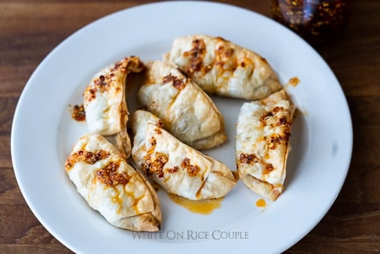 dumplings with chili oil on plate 
