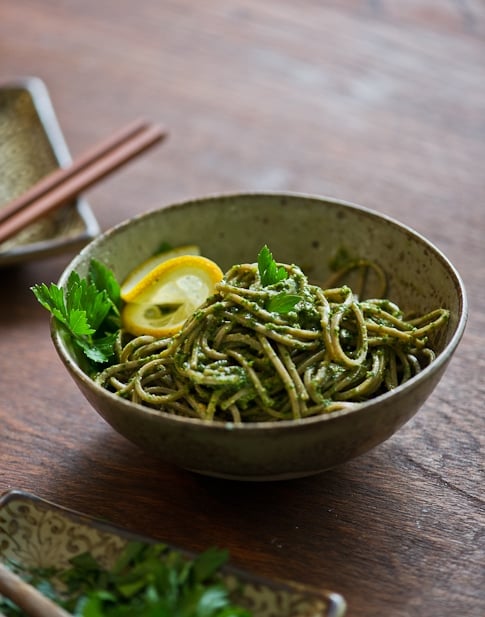 Parsley Pesto Recipe with Soba Noodles in bowl 