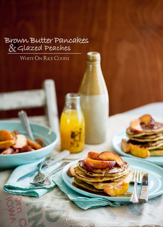brown butter pancakes recipe with glazed peaches