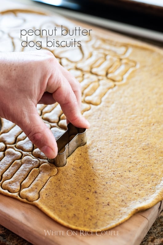 Best peanut butter dog biscuits being cut into bone shapes