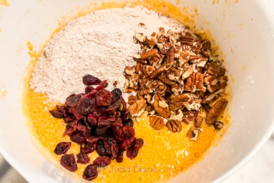 mixing nuts with batter