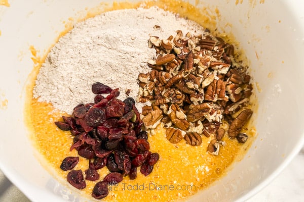 mixing nuts with batter