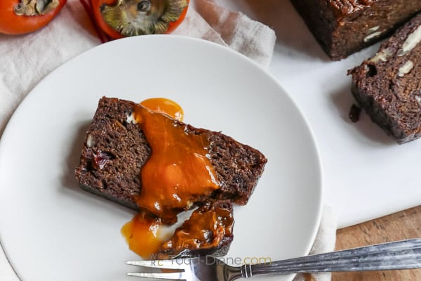 slice of persimmon bread topped with persimmon pulp