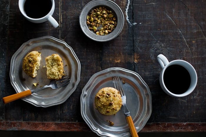 Pistachio Olive Oil Mini Tea Cakes on a plate