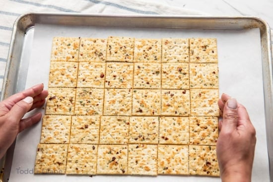 Layering crackers on sheet pan