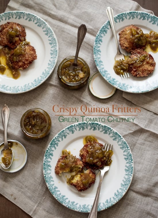 Crispy Quinoa Fritters Recipe with Green Tomato Chutney on plates