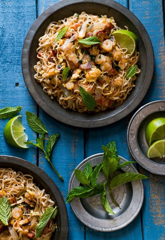 Todd's Ramen Noodle Stir Fry Recipe with Bacon & Shrimp on @whiteonrice