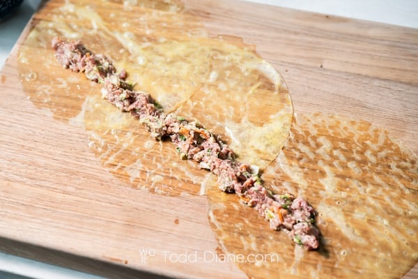 Strip of meat across rice paper