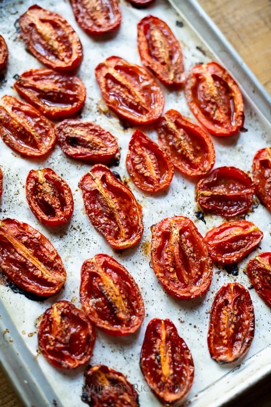 san marzano tomato on a baking sheet