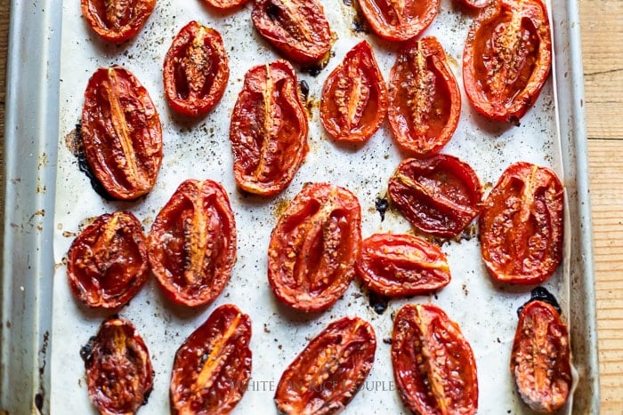 roast san marzano tomato on a baking sheet