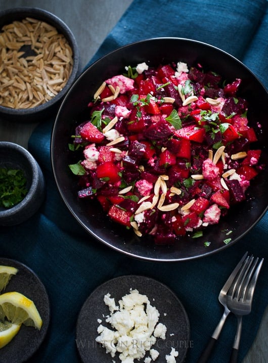 Healthy Chopped Roast Beet Salad with Lemon Zest Vinaigrette in a bowl