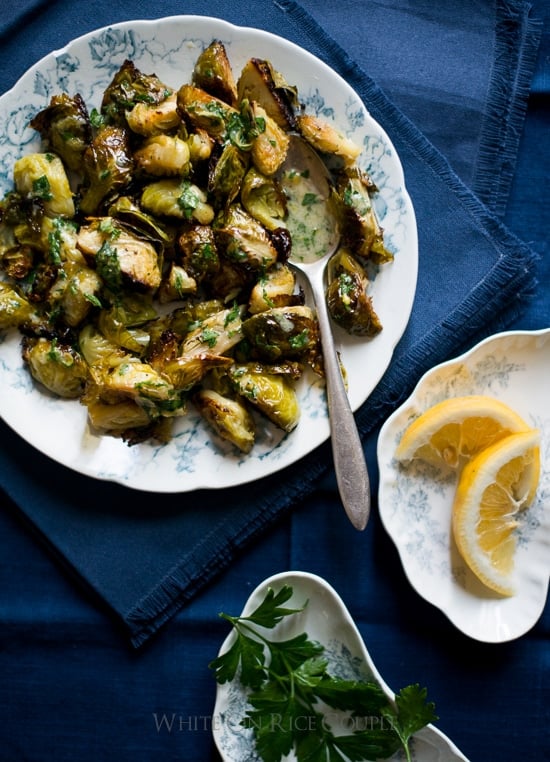 Garlic Roasted Brussels Sprouts with Lemon Mustard Parsley Dressing