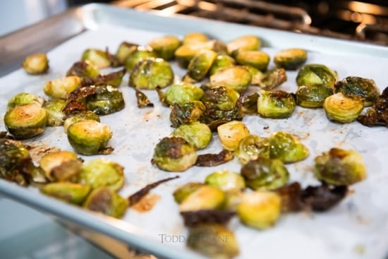 Roasted brussels sprouts on baking sheet pan