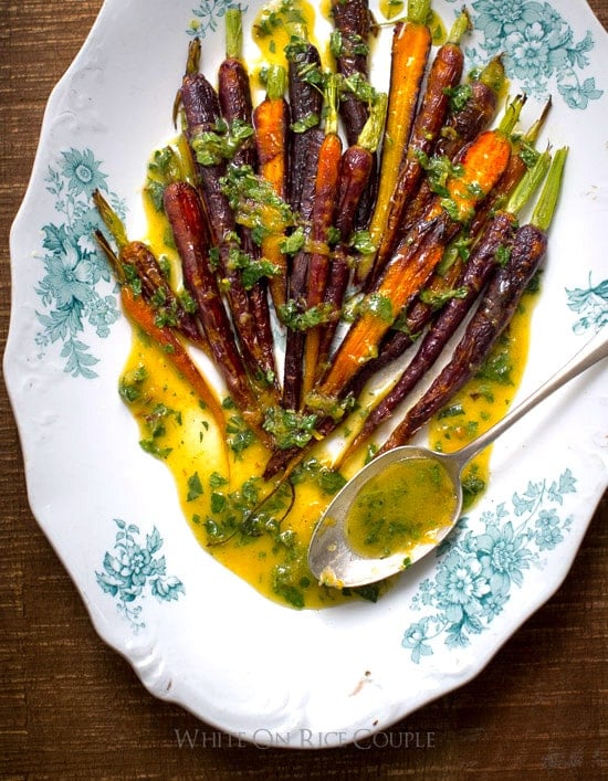 Spring Roasted Carrots w/ Mint Lemon Dressing on a plate