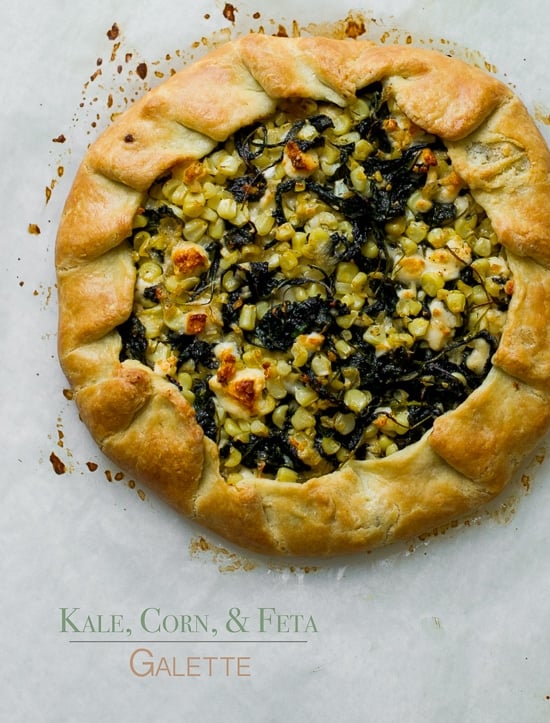 Savory Kale, Corn and Feta Cheese Galette on a baking sheet