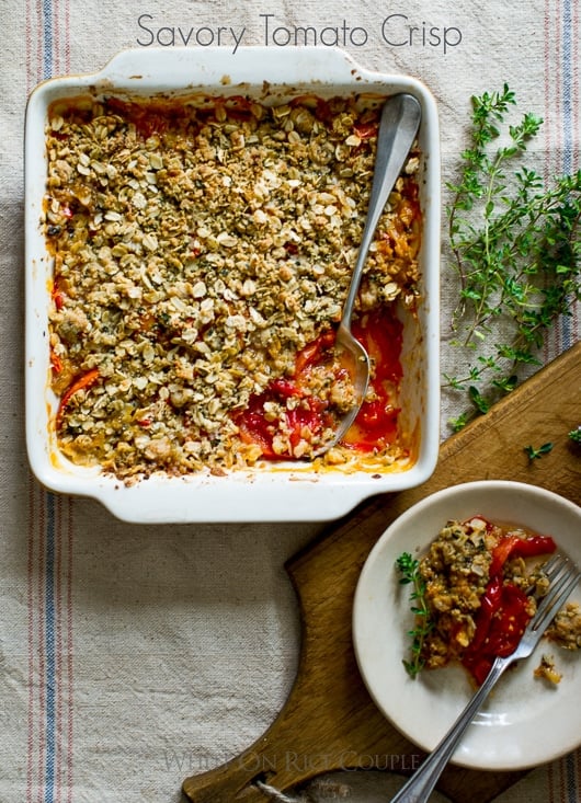 Savory tomato crisp in a baking dish