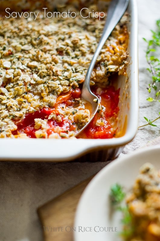 Savory tomato crisp in a baking dish