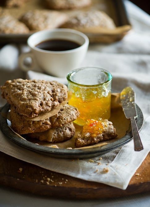 Brown Butter Oatmeal Scones on plate with jam 