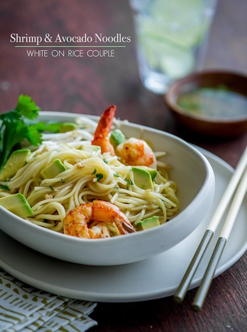 avocado Shrimp Noodle Salad in bowl 