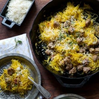 Healthy Spaghetti squash recipe with sausage and parmesan @whiteonrice