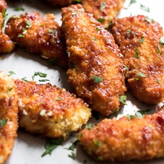 Sweet and sticky honey soy sauce chicken tenders recipe on @whiteonrice