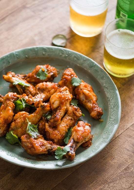 Amazing Sticky Sriracha Chicken Wings on a plate