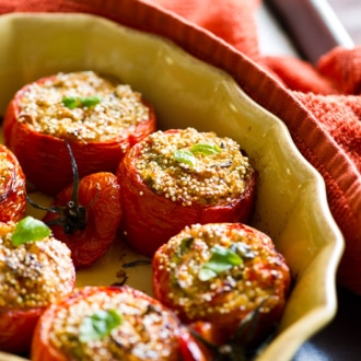 Vegetarian stuffed tomatoes with quinoa and tofu | @whiteonrice