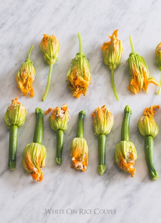 stuffed squash Blossoms with Bacon, Mushroom and Ricotta on marble