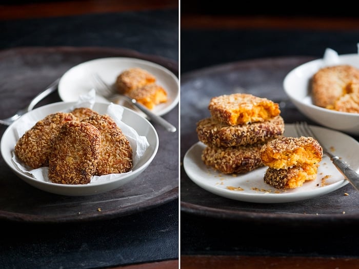 Crispy Sweet Potato Croquettes Recipe with Bacon Pancetta on a platter