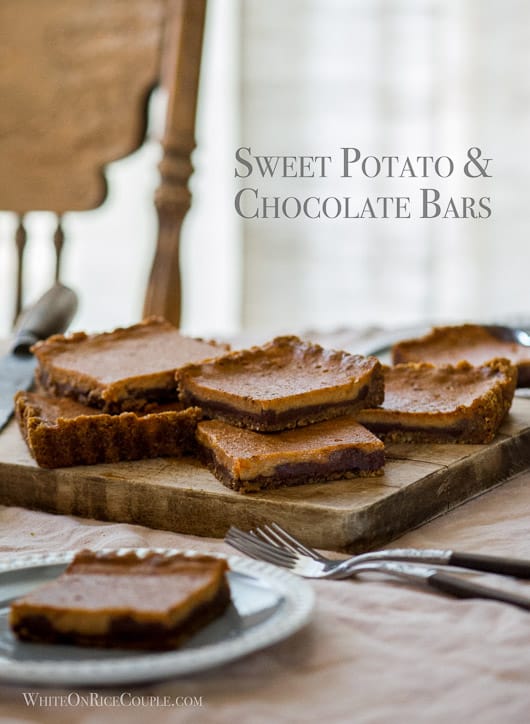 Sweet potato and chocolate bars on a cutting board