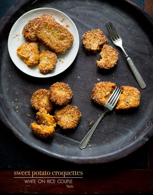 Crispy Sweet Potato Croquettes Recipe with Bacon Pancetta on a platter