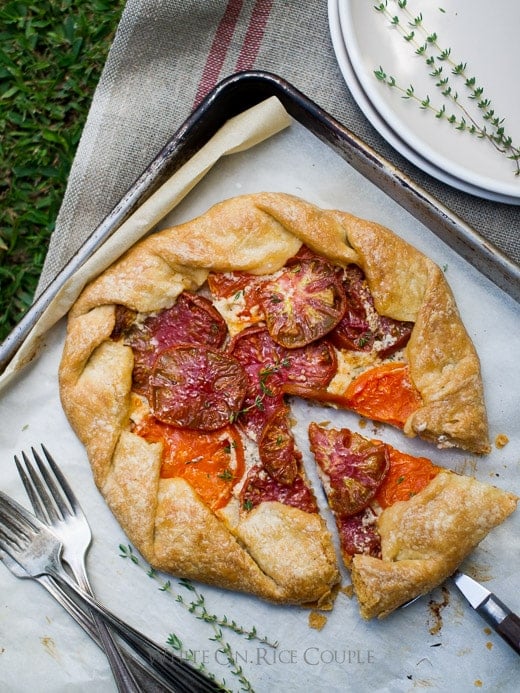 Heirloom Tomato Galette on a baking sheet